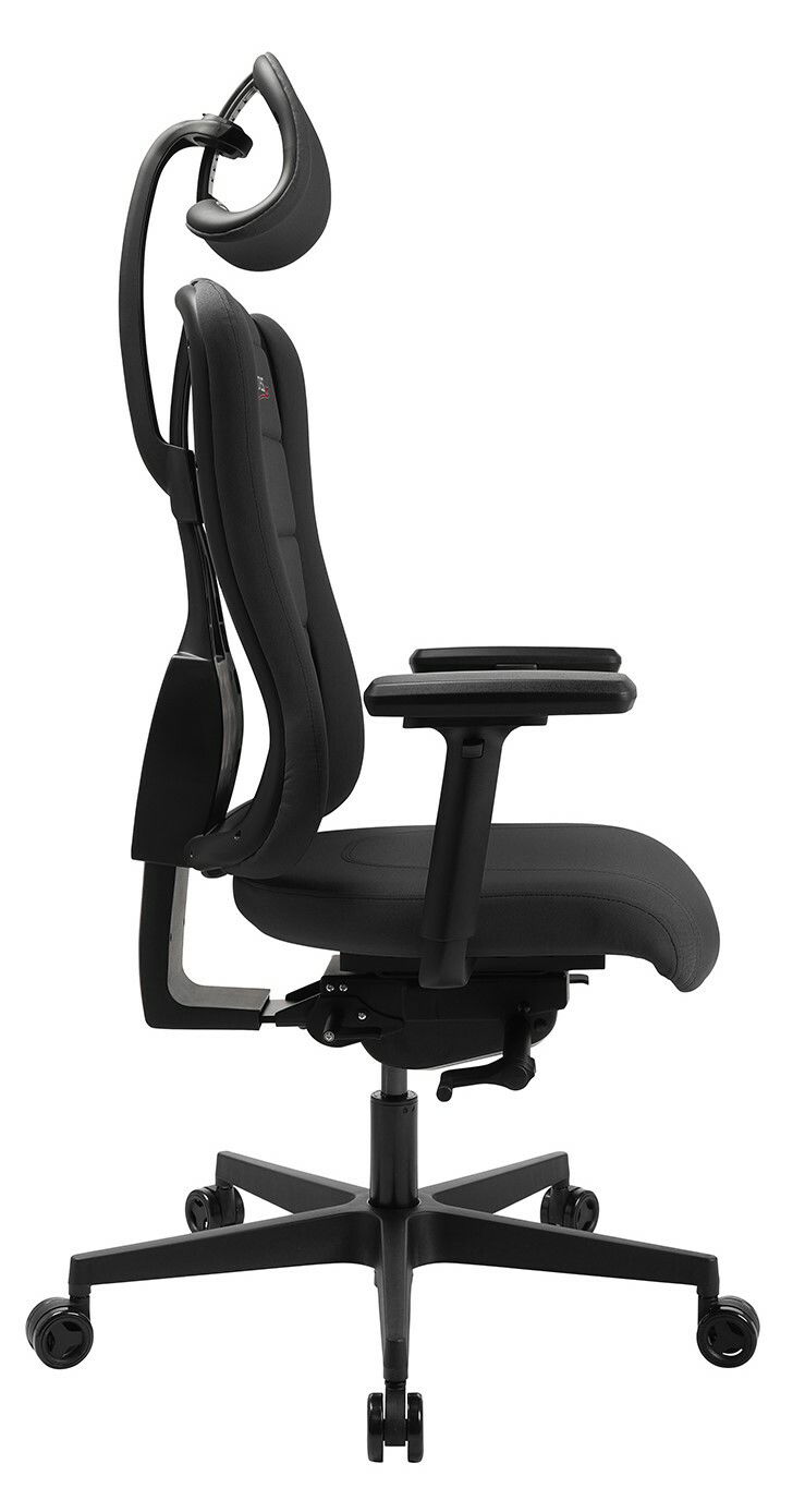 Seitliche Ansicht eines ergonomischen Gaming-Stuhls mit verstellbarer Kopfstütze und Armlehnen, schwarzes Design.