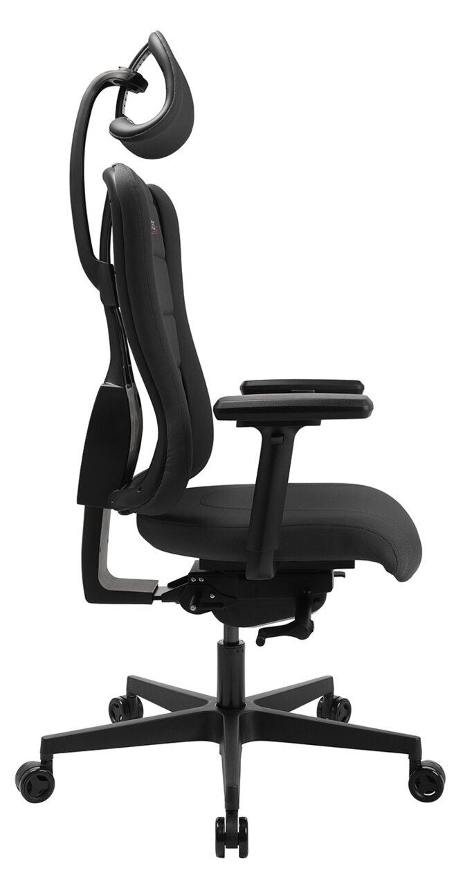 Zijaanzicht van een ergonomische gamingstoel met verstelbare hoofdsteun en armleuningen, in een zwart ontwerp.