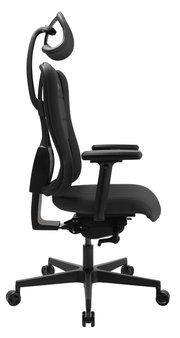 Zijaanzicht van een ergonomische gamingstoel met verstelbare hoofdsteun en armleuningen, in een zwart ontwerp.