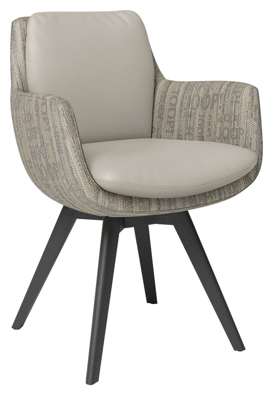 Moderner Armlehnstuhl mit gepolstertem Sitz und Rückenlehne, seitliche Perspektive