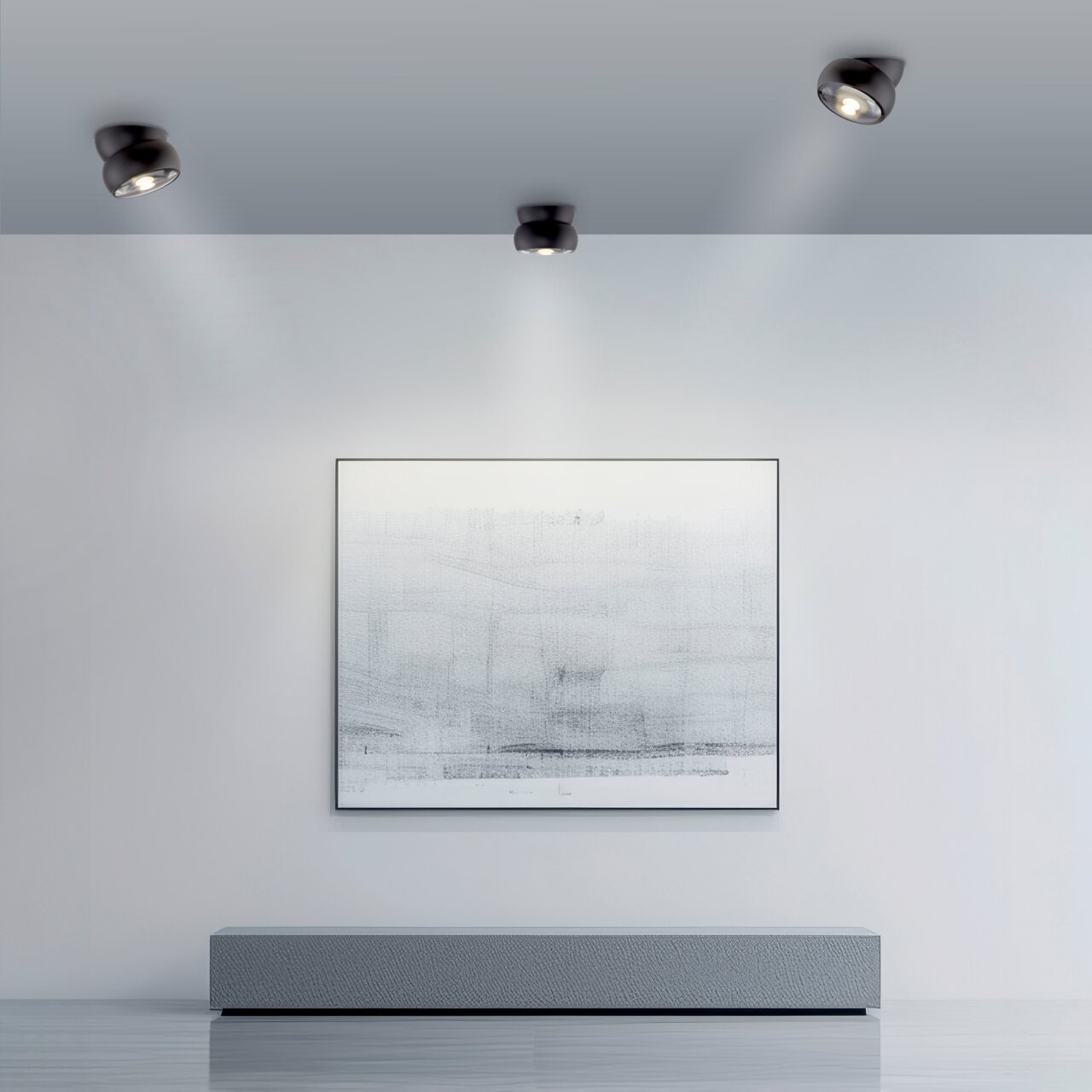 Moderne led-plafondlamp in een minimalistische ruimte, van onderaf gezien.