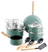 Kochgeschirr-Set Mayflower 10-teilig in grüner Farbe, bestehend aus Töpfen, Pfannen und Küchenutensilien mit Holzgriffen, aus der Vorderansicht.