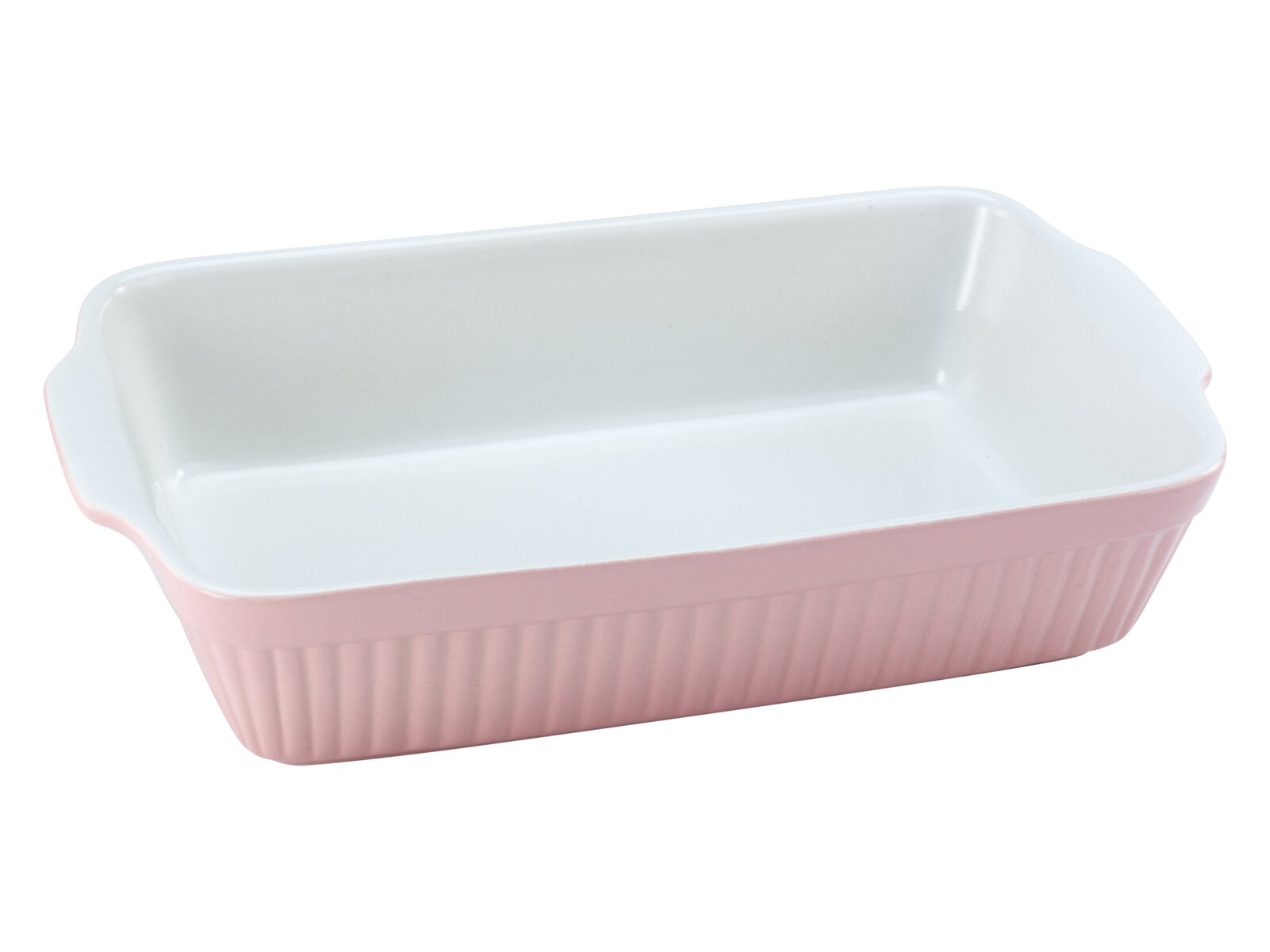 Creatable Auflaufform PASTELL KITCHEN Rechteckige Keramik-Auflaufform in Rosa mit weißer Innenfläche und seitlichen Griffen, schräg von oben in 3/4-Perspektive fotografiert