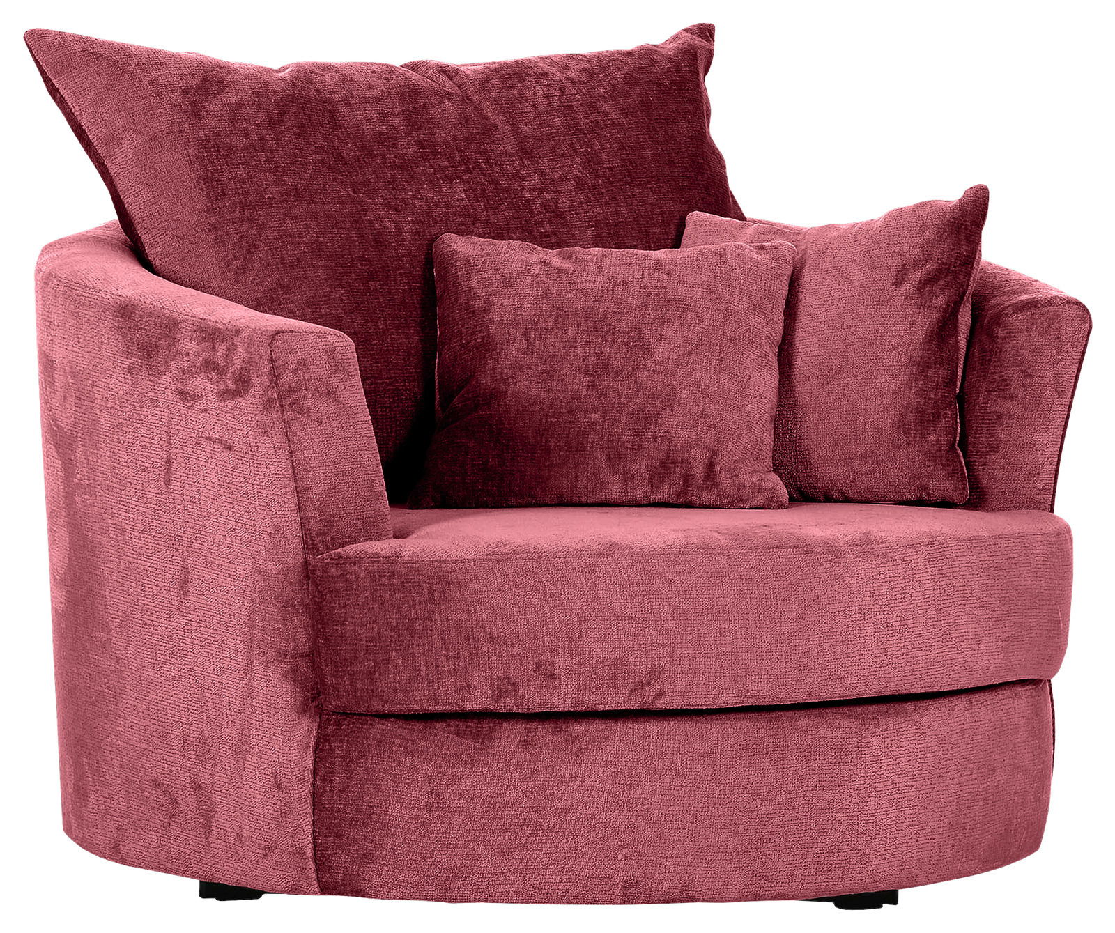 Roter, runder Sessel mit zwei großen und einem kleinen Kissen, seitliche Perspektive