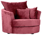 Roter, runder Sessel mit zwei großen und einem kleinen Kissen, seitliche Perspektive