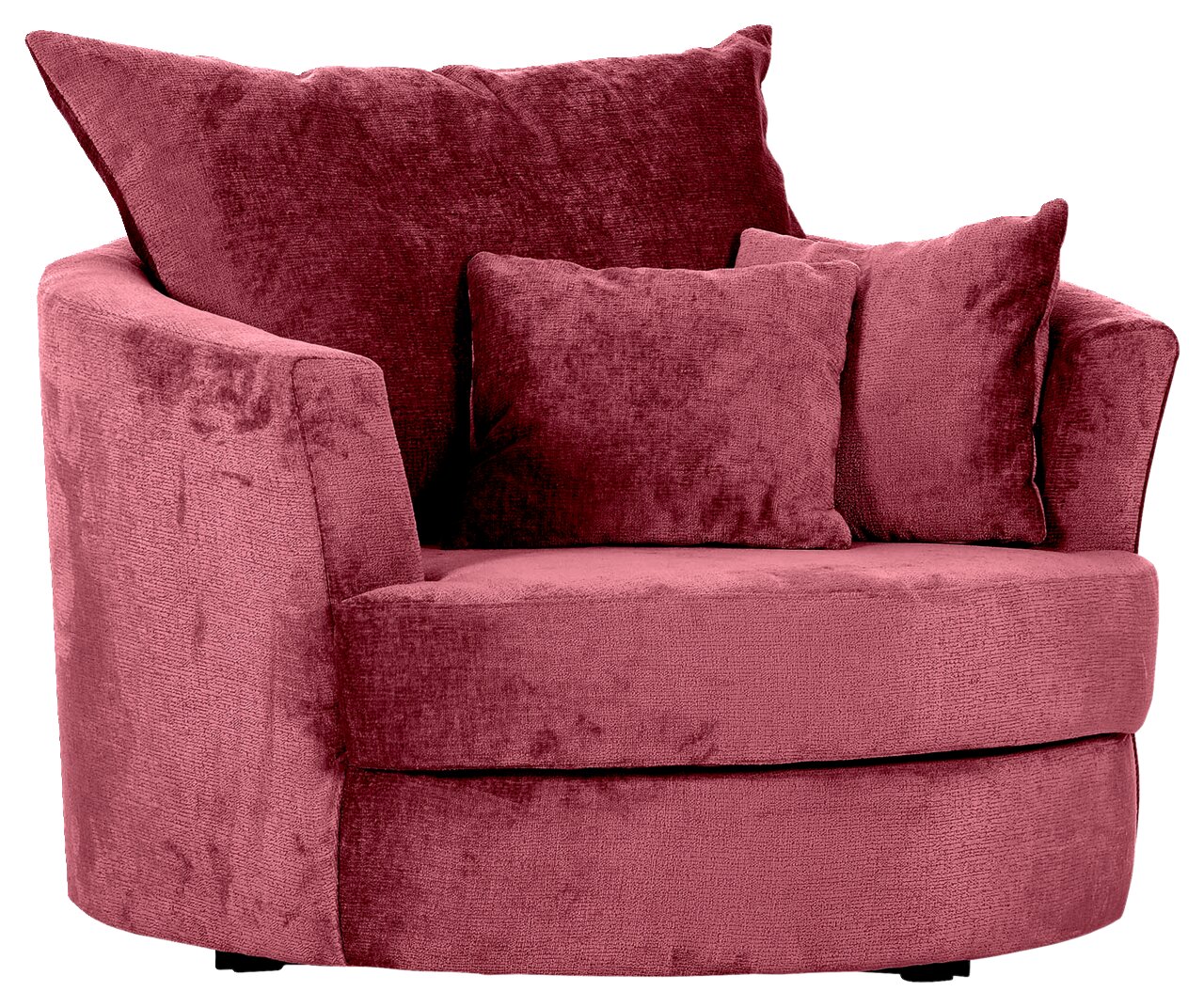 Roter, runder Sessel mit zwei großen und einem kleinen Kissen, seitliche Perspektive