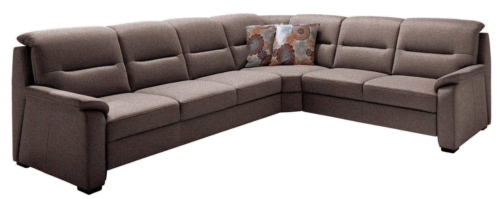 Braune Polsterrundecke in L-Form mit gemusterten Kissen, seitliche Perspektive