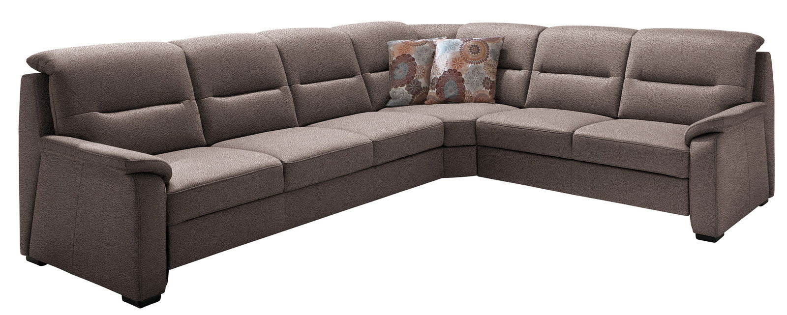 Beldomo Comfort Ecksofa ERFURT Braune Polsterrundecke in L-Form mit gemusterten Kissen, seitliche Perspektive