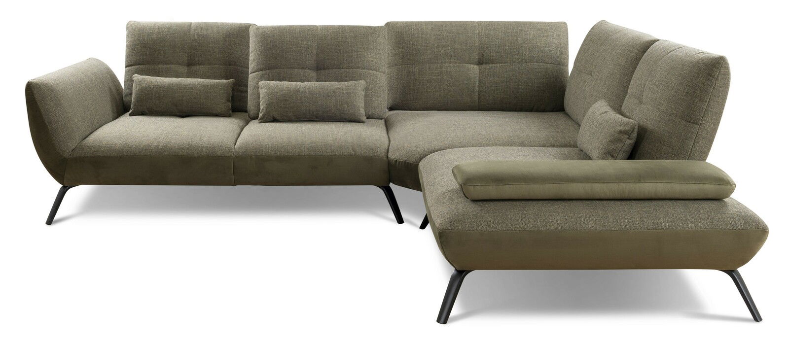 Moderne Rundecke in olivgrünem Stoff mit schwarzen Metallfüßen, perspektivisch von vorne rechts fotografiert.