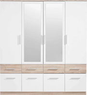 4-türiger Drehtürenschrank mit zwei Spiegeltüren in der Mitte, weiße Fronten und Holzoptik-Schubladen, frontale Ansicht