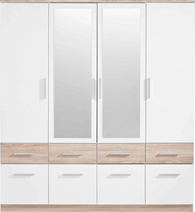 4-türiger Drehtürenschrank mit zwei Spiegeltüren in der Mitte, weiße Fronten und Holzoptik-Schubladen, frontale Ansicht