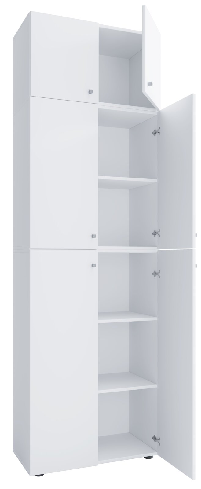 Weißer, hoher Mehrzweckschrank mit mehreren Fächern und geöffneten Türen, Ansicht schräg von vorn