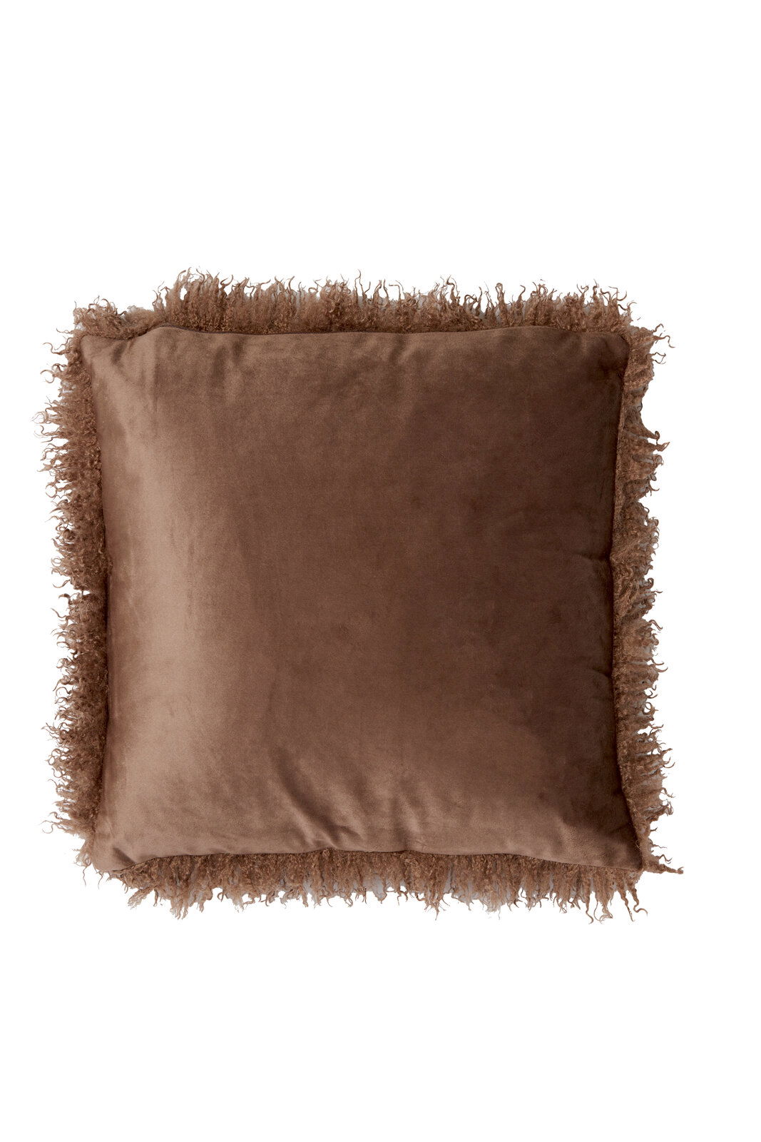 Braunes Kissen mit flauschigen Fransen, Draufsicht