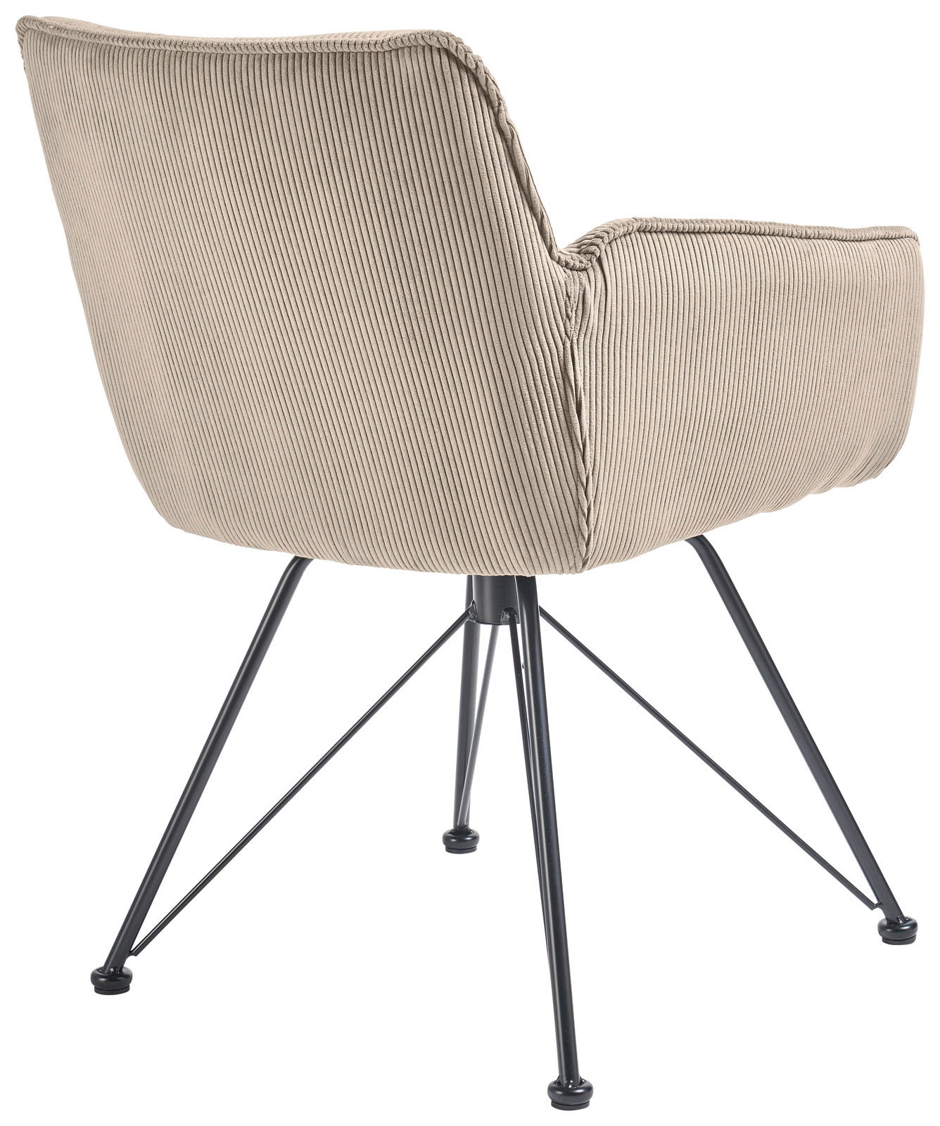 Rückansicht eines Armlehnstuhls mit beigem Stoffbezug und schwarzen Metallbeinen, Perspektive von hinten links.