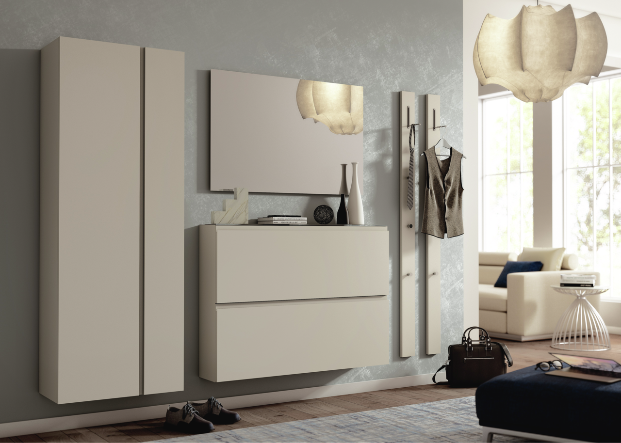 Moderano Garderoben-Set LECCO Modernes Garderobenset in Beige mit Schrank, Spiegel und Hakenleiste, seitliche Perspektive