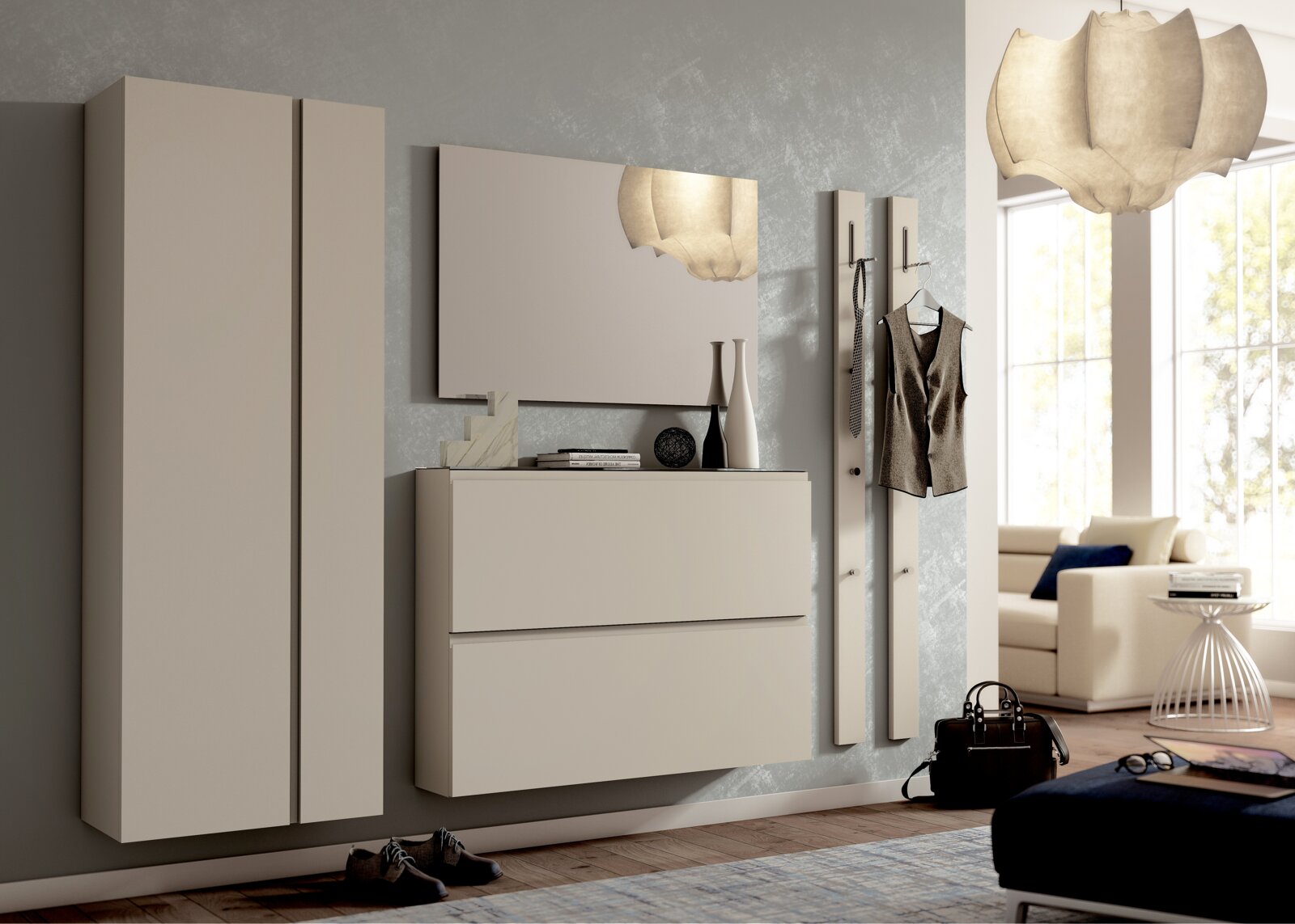 Moderano Garderoben-Set LECCO Modernes Garderobenset in Beige mit Schrank, Spiegel und Hakenleiste, seitliche Perspektive