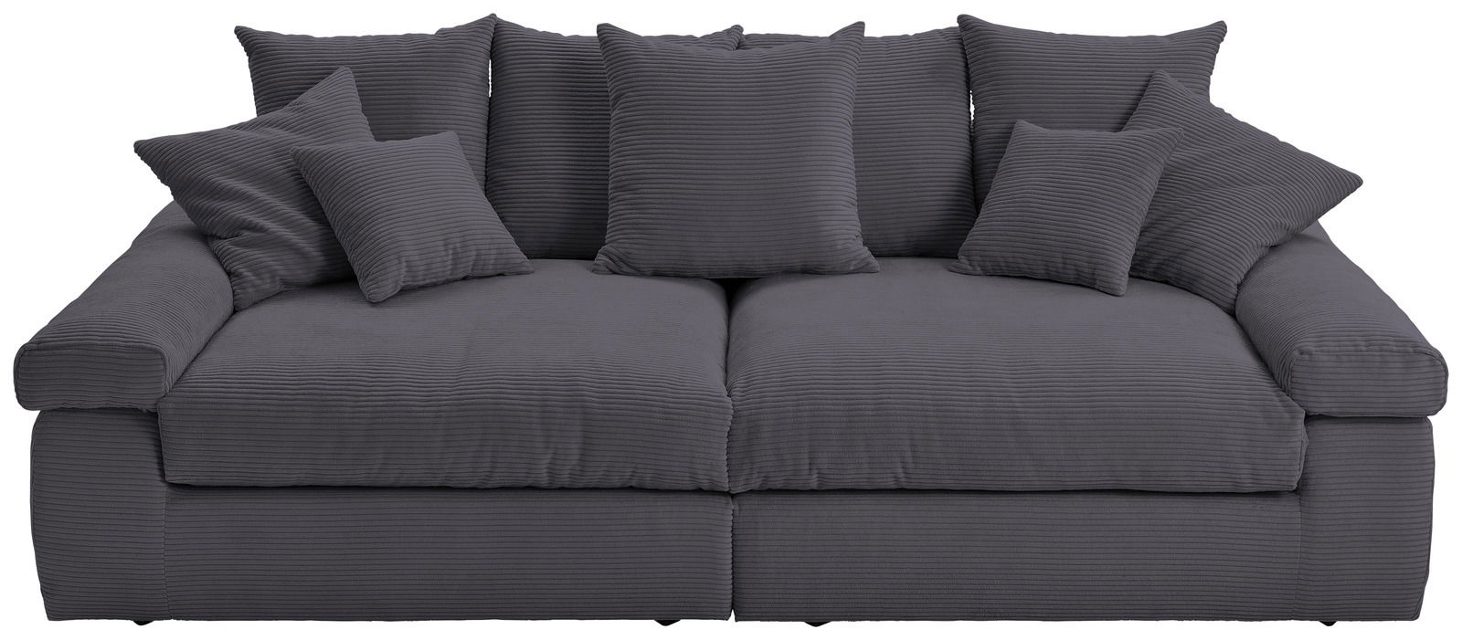 Großes, graues Big-Sofa mit mehreren Kissen, Vorderansicht