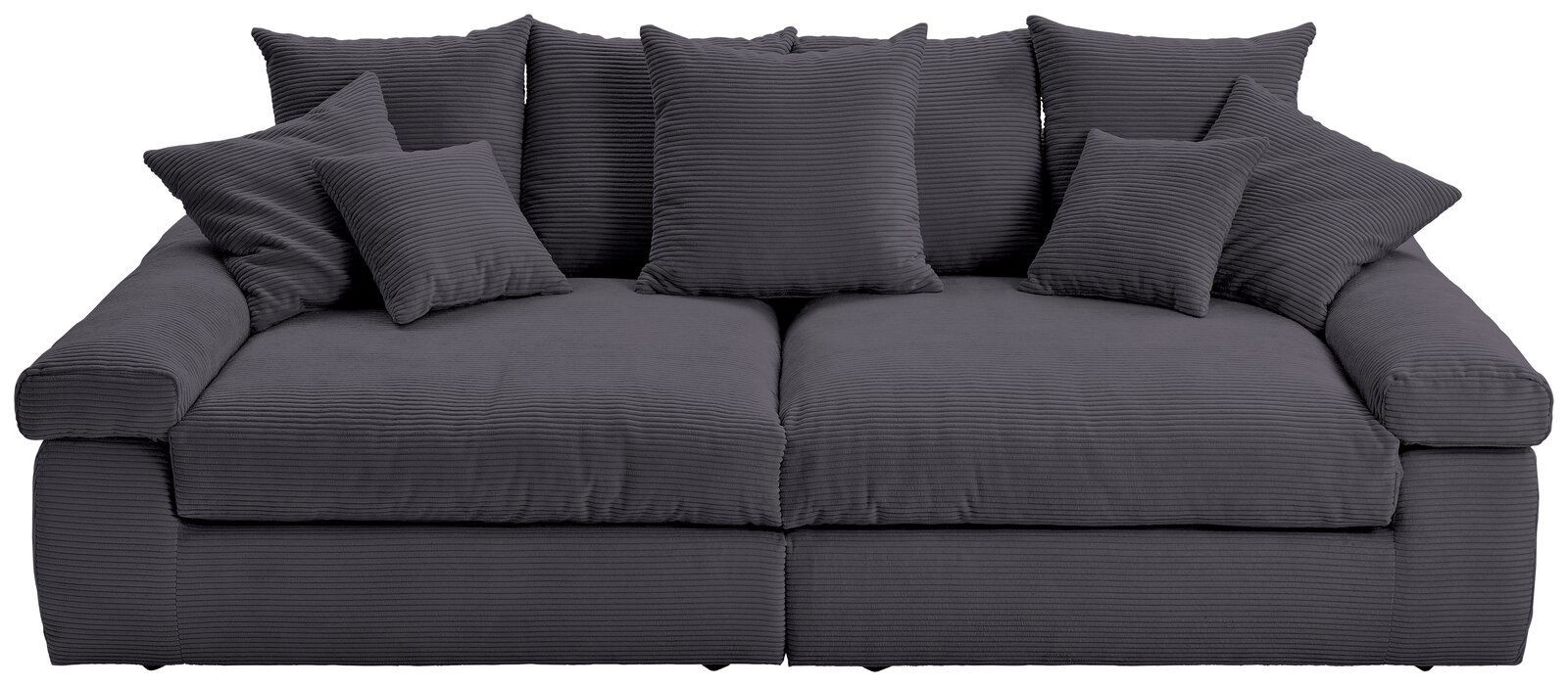 Großes, graues Big-Sofa mit mehreren Kissen, Vorderansicht