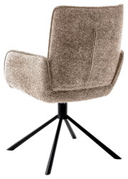 Rückansicht eines Armlehnstuhls mit braunem Stoffbezug und schwarzem Metallgestell