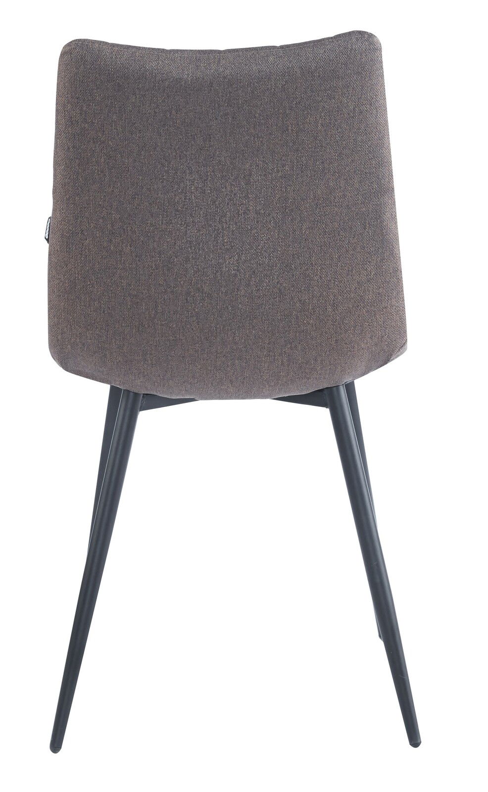 Rückansicht eines modernen Stuhls mit braunem Stoffbezug und schwarzen Metallbeinen.