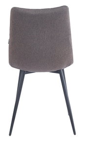 Rückansicht eines modernen Stuhls mit braunem Stoffbezug und schwarzen Metallbeinen.