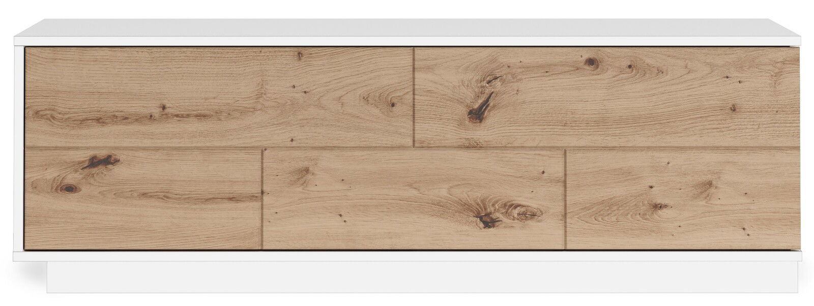 Frontale Ansicht eines TV-Lowboards mit Holzoptik und weißem Rahmen.