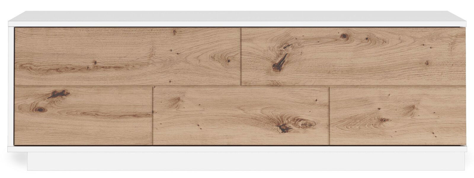 Frontale Ansicht eines TV-Lowboards mit Holzoptik und weißem Rahmen.