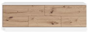 Frontale Ansicht eines TV-Lowboards mit Holzoptik und weißem Rahmen.