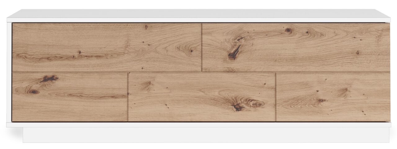 Frontale Ansicht eines TV-Lowboards mit Holzoptik und weißem Rahmen.
