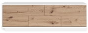 Frontale Ansicht eines TV-Lowboards mit Holzoptik und weißem Rahmen.