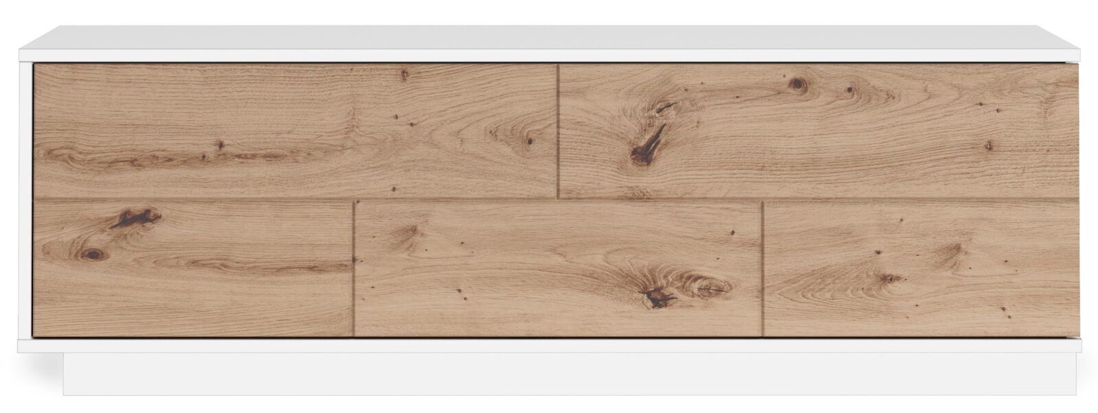 Frontale Ansicht eines TV-Lowboards mit Holzoptik und weißem Rahmen.