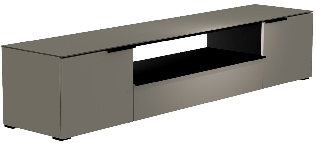 Moderano XL TV-Lowboard Serie BORMIO in seitlicher Perspektive, modernes Design mit offenen und geschlossenen Fächern.