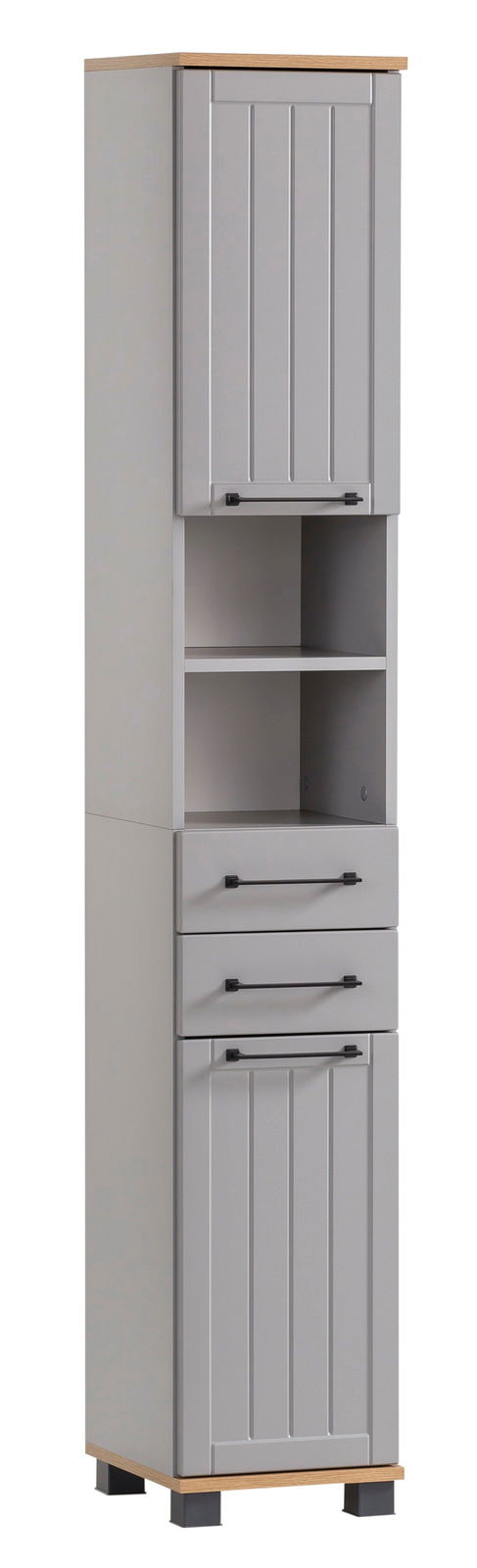 Grauer Hochschrank mit zwei Türen, zwei Schubladen und offenen Regalfächern, frontal abgebildet.