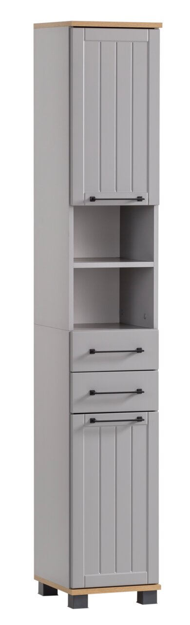 Stylife Hochschrank JELDA Grauer Hochschrank mit zwei Türen, zwei Schubladen und offenen Regalfächern, frontal abgebildet.