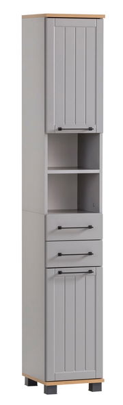 Grauer Hochschrank mit zwei Türen, zwei Schubladen und offenen Regalfächern, frontal abgebildet.