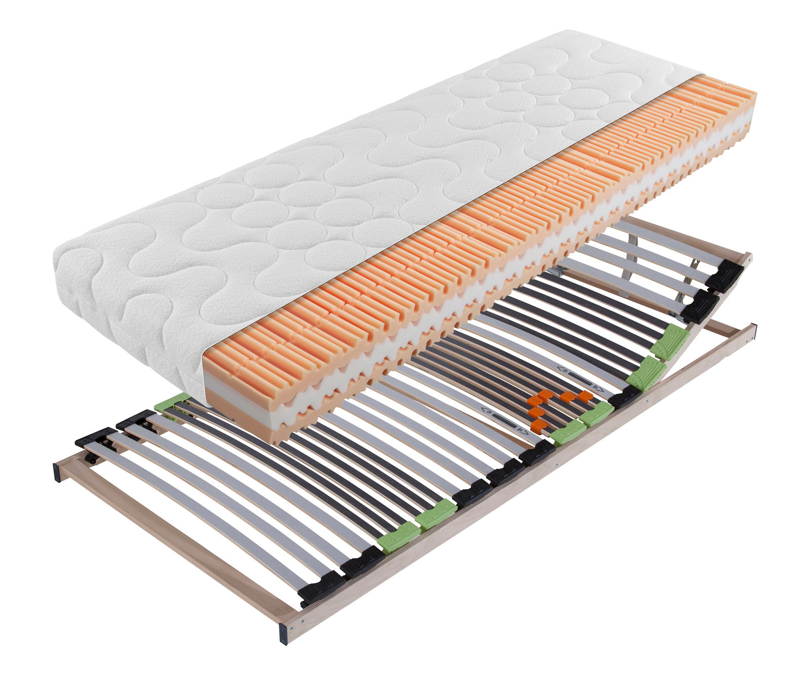 Matratzenset H3 90 x 200 cm in seitlicher Perspektive mit Lattenrost, zeigt Schichten der Matratze