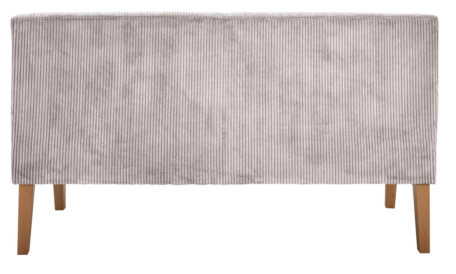 Rückansicht einer Sitzbank mit grauem, geripptem Stoffbezug und Holzbeinen.