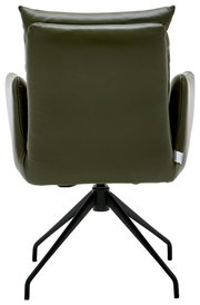 Rückansicht eines grünen Armlehnstuhls mit schwarzem Metallgestell