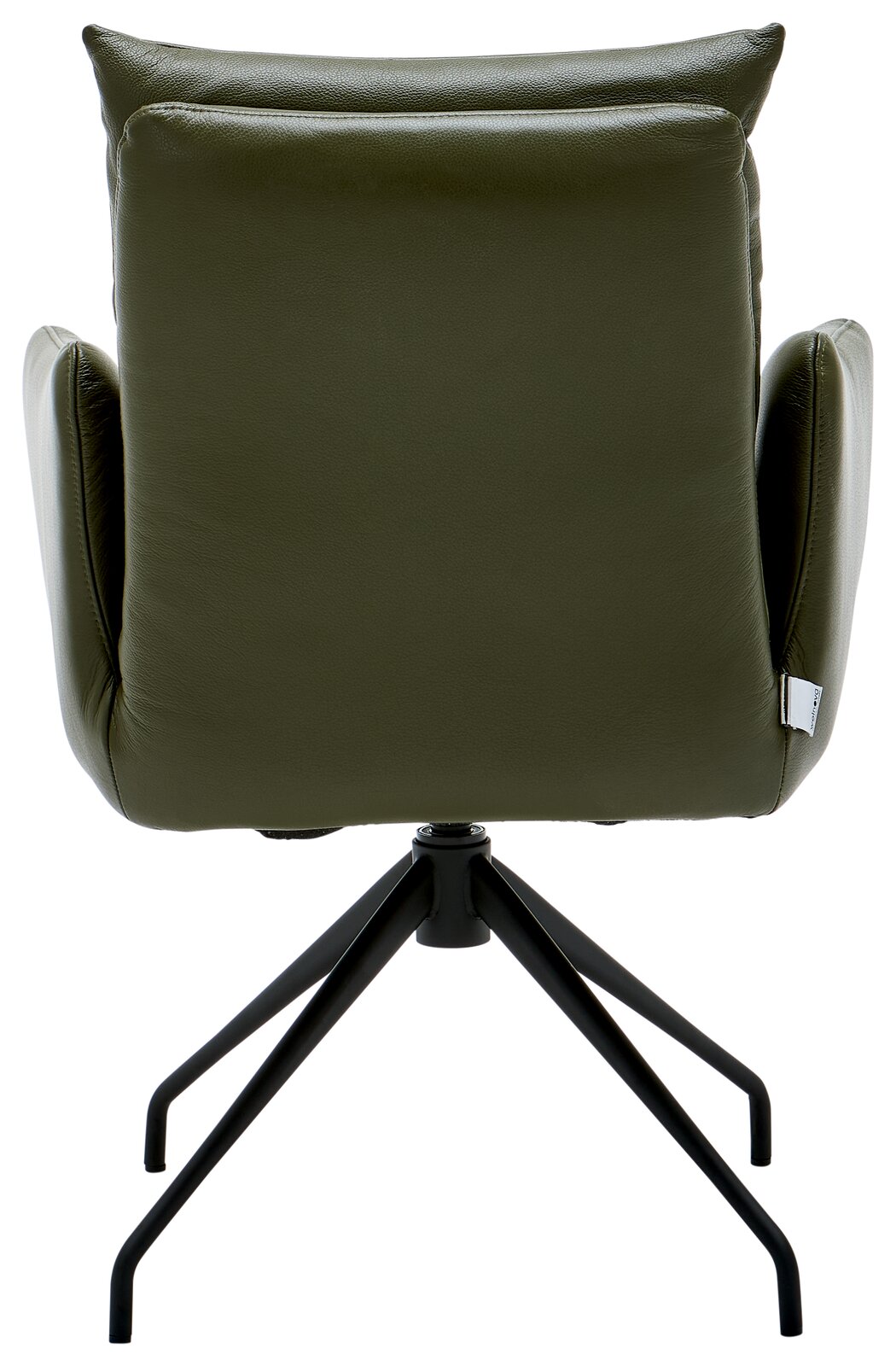 Rückansicht eines grünen Armlehnstuhls mit schwarzem Metallgestell