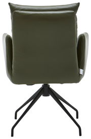 Rückansicht eines grünen Armlehnstuhls mit schwarzem Metallgestell