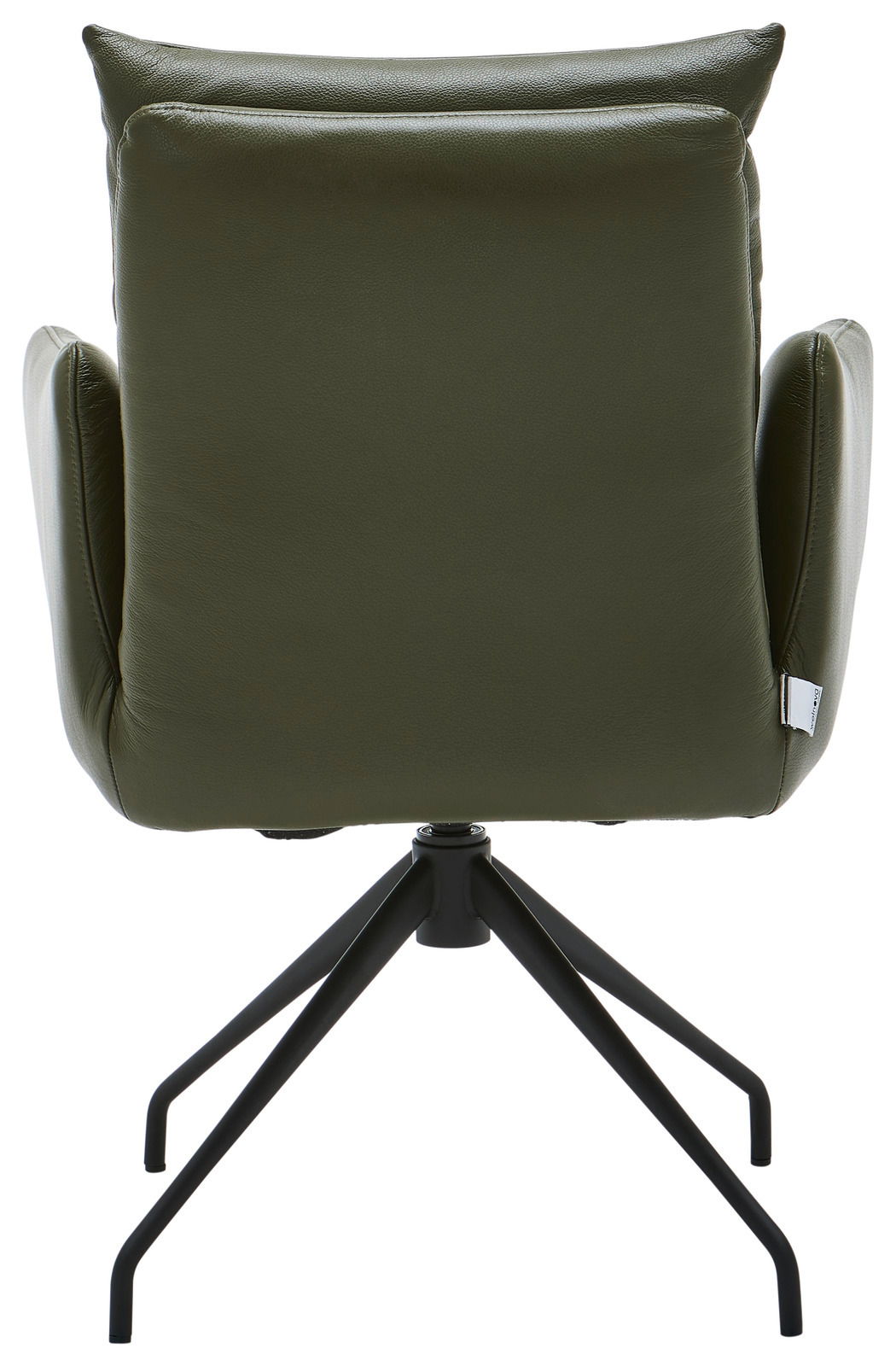 Rückansicht eines grünen Armlehnstuhls mit schwarzem Metallgestell