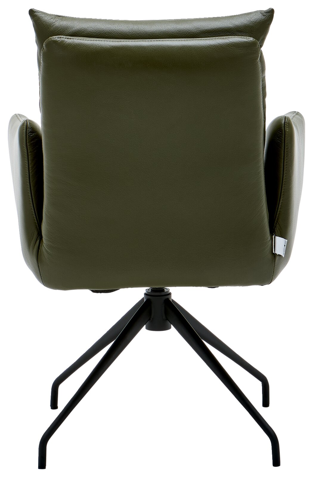 Achterkant van een groene fauteuil met een zwart metalen frame