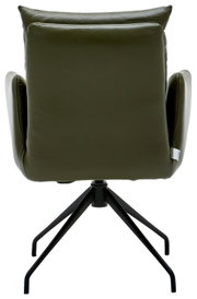 Achterkant van een groene fauteuil met een zwart metalen frame