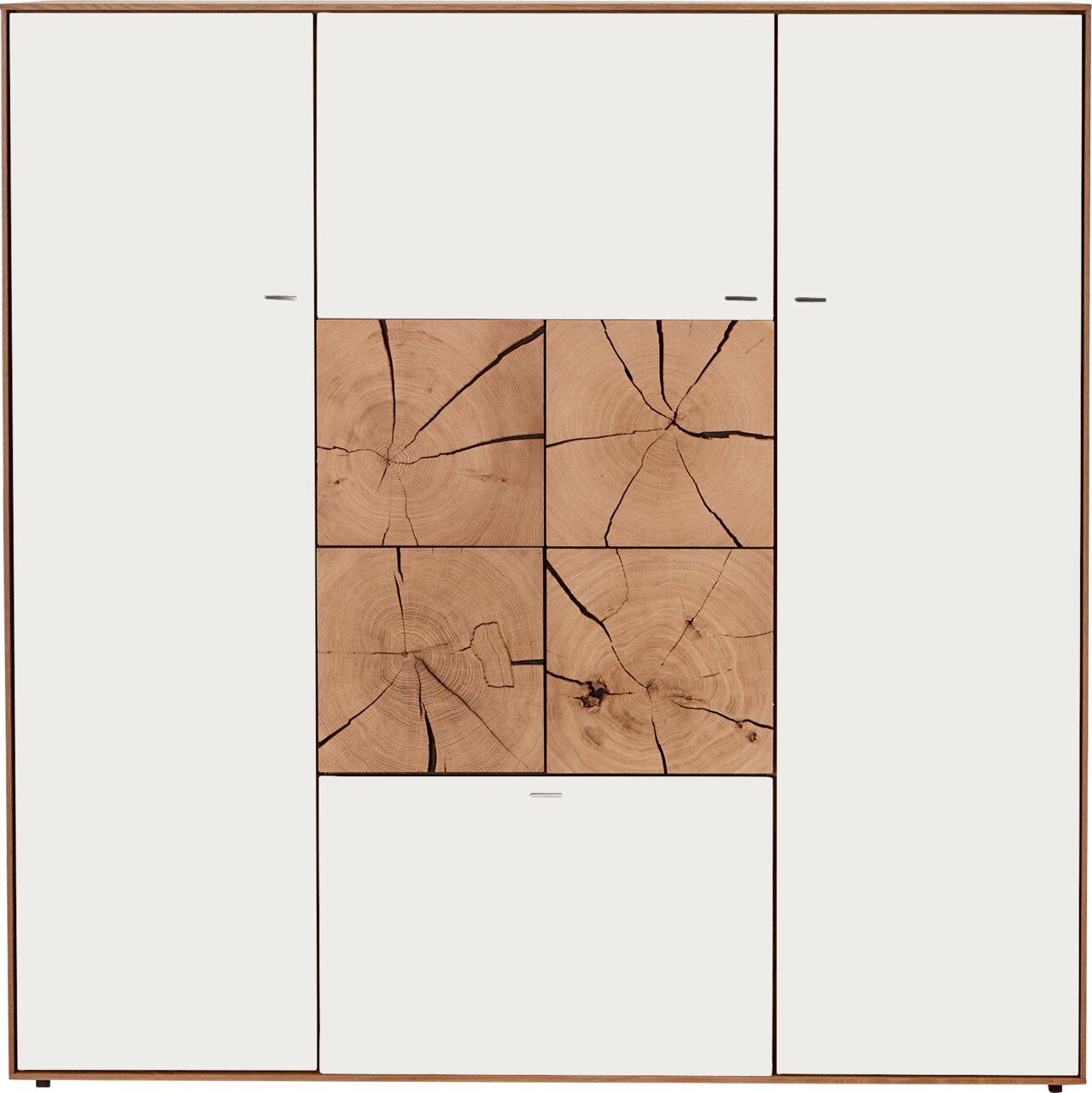 Valnatura Highboard LAGO Frontansicht eines modernen Highboards mit weißen Türen und dekorativen Holzelementen in der Mitte.