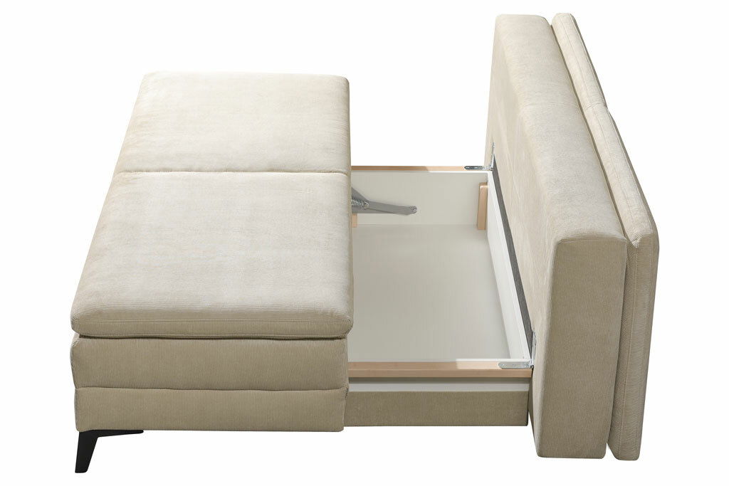 Querschläfer-Sofa in beige mit ausgezogenem Bettkasten, Ansicht von oben.