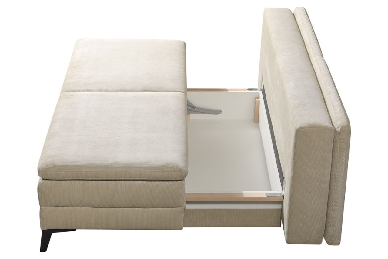 Querschläfer-Sofa in beige mit ausgezogenem Bettkasten, Ansicht von oben.