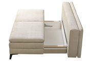 Querschläfer-Sofa in beige mit ausgezogenem Bettkasten, Ansicht von oben.