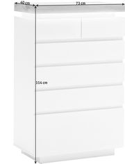 Weiße Hochkommode mit fünf Schubladen, seitliche Perspektive, Maße: 73 cm Breite, 40 cm Tiefe, 114 cm Höhe