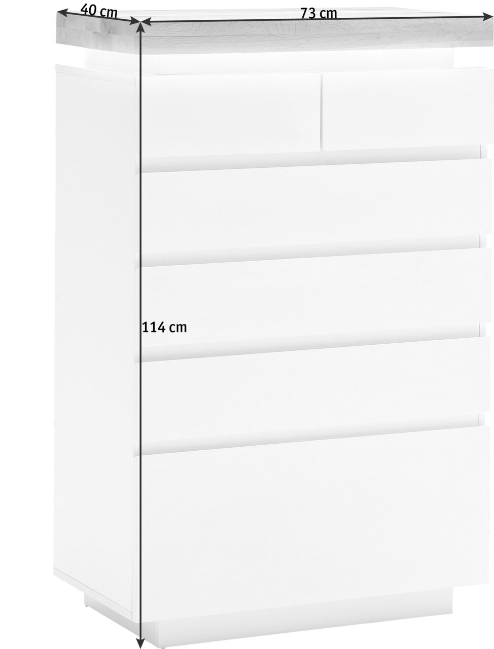 Weiße Hochkommode mit fünf Schubladen, seitliche Perspektive, Maße: 73 cm Breite, 40 cm Tiefe, 114 cm Höhe