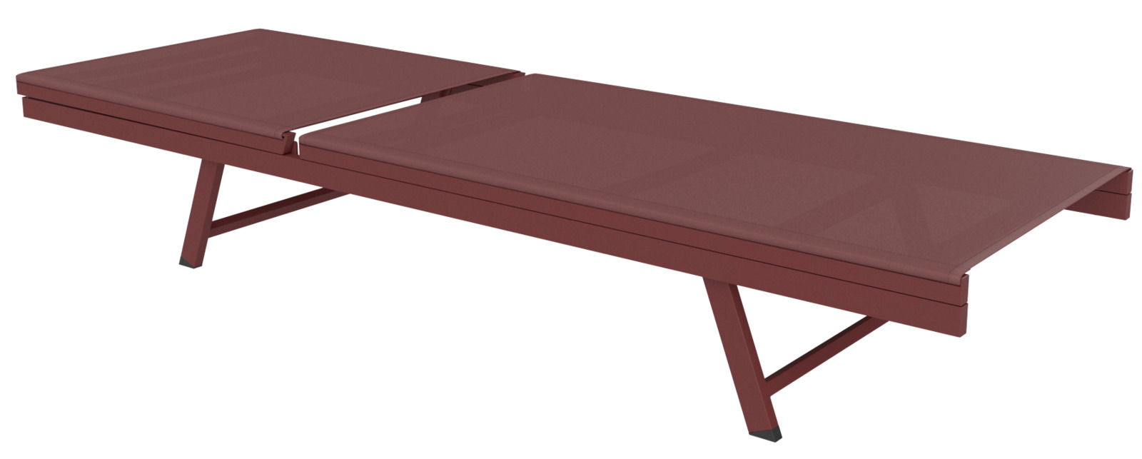 Rote Sonnenliege aus Metall mit flachem Design, seitliche Perspektive